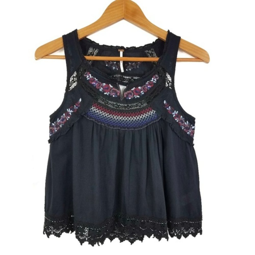 Free People Black Tank Top with Embroidery and Beading